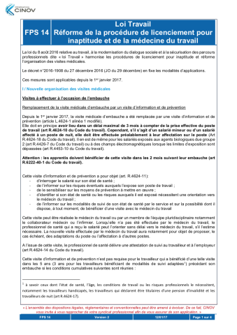 Loi Travail - Réforme de la procédure de licenciement pour inaptitude et de la médecine du travail 